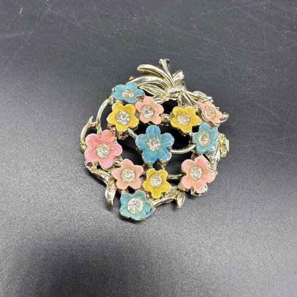 Vintage Floral Brooch Pin Enamel Rhinestone Pastel Flowers Retro Spring Jewelry - Picture 1 of 7